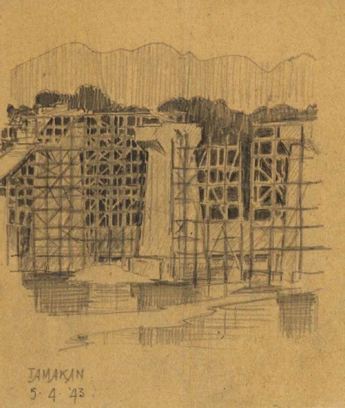 ภาพวาดสะพานที่ท่ามะขามระหว่างก่อสร้าง โดย George Stanley Gimson